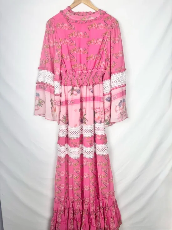 Whimsical Faeriesty Pink Floral Boho Style Maxi Dress with Lace Trim Size M - Picture 8 of 9